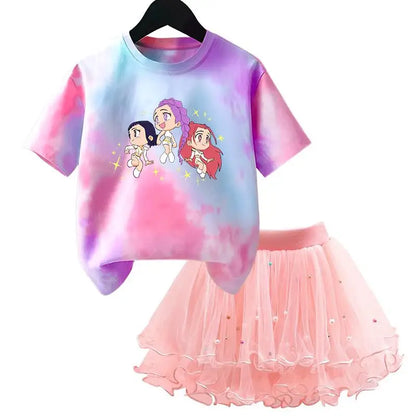 Girls' K-Pop HUNTRX Princess Set: Tie-Dye Graphic Tee & Pearl Tutu Skirt 2-Piece Outfit
