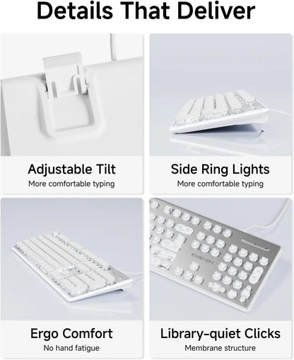 Wired USB Keyboard with White Backlit Metal Panel Pudding Keycaps Full Size Quiet Computer Keyboard for Windows PC Laptop Gamer