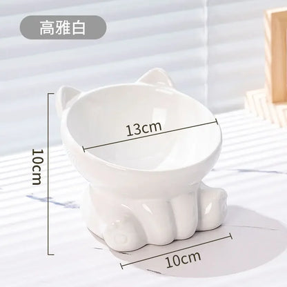 Cute Ceramic Cat Bowl with High Feet Dog Drinking Water Bowl Pet Supplies Cervical Spine Protection Diagonal Design Accessories