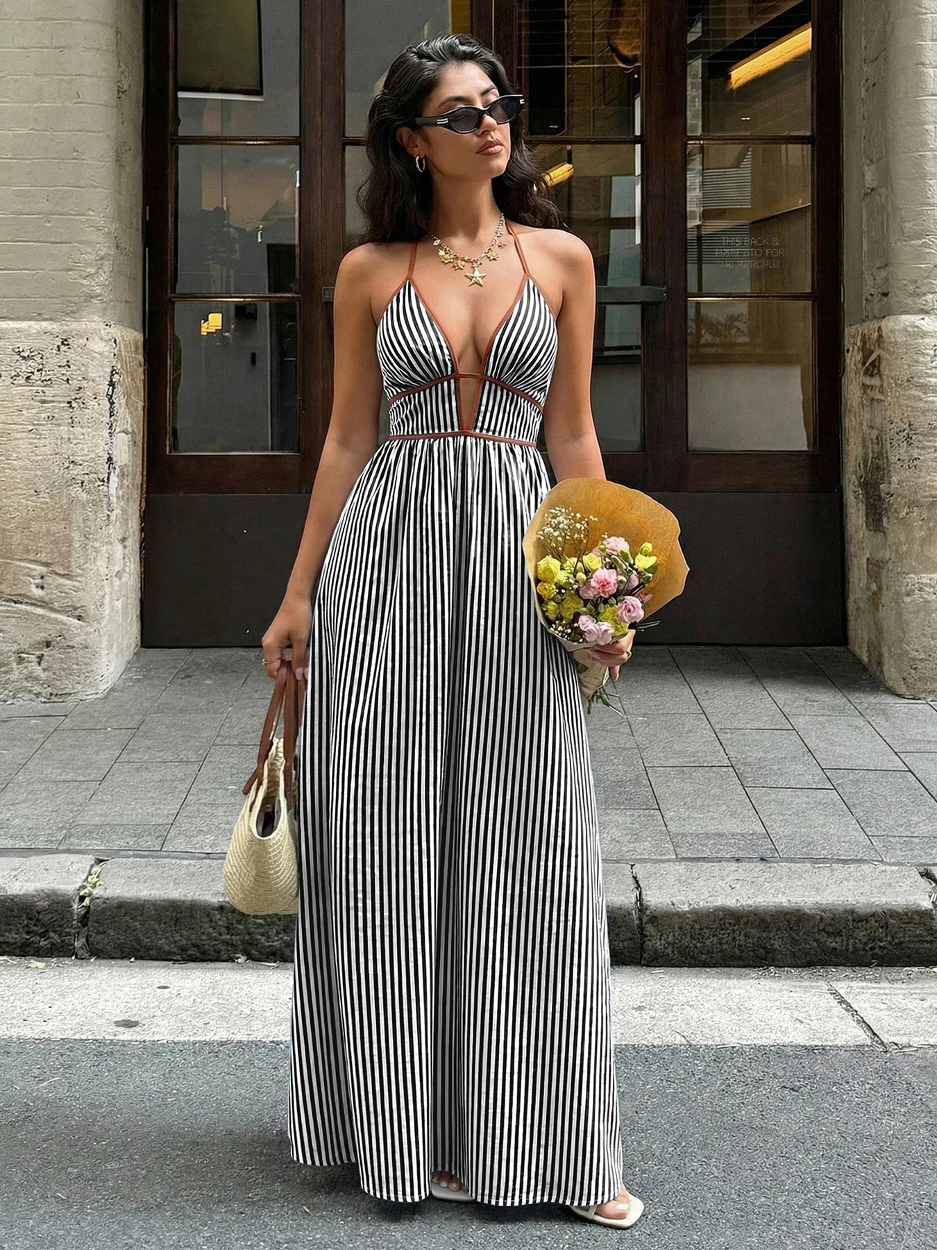 2026 Summer New Style Deep V-neck Striped Beach Dress, Sexy Backless Sleeveless Neckline Long Dress