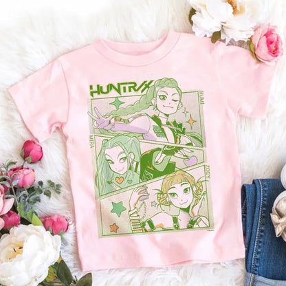 2026 Summer Kpop Demon Hunters T Shirt Kids Cartoon Anime Meme Print Clothes Round Neck Basic Boys Tops Casual Shirts Gift