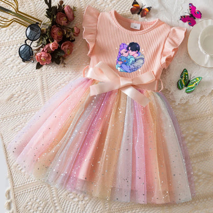 Girls' HUNTRX Rainbow Tulle Princess Dress: Sequin Star & Chibi Idol Party Gown