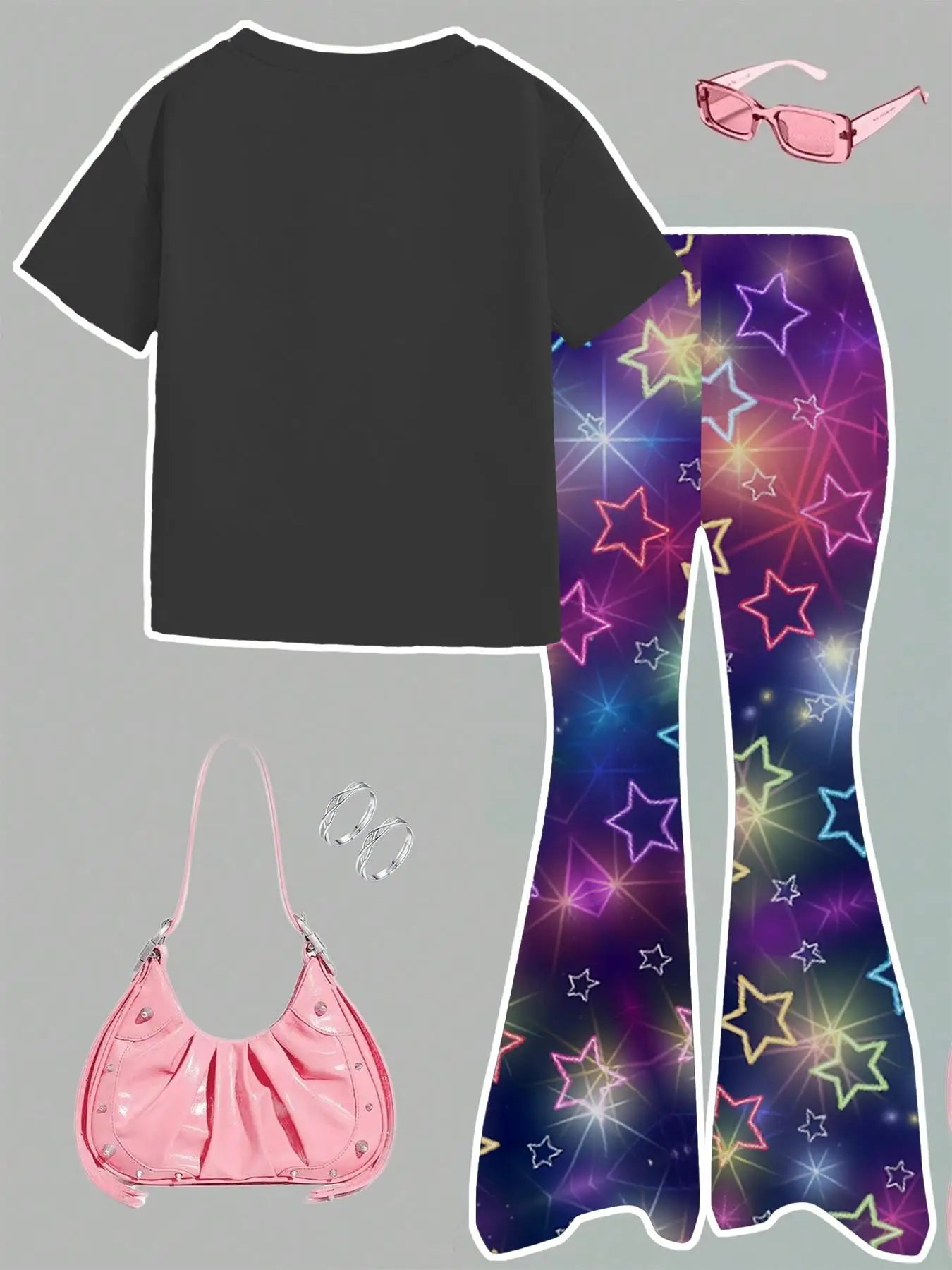 Girls' 2026 Concert Edition 2-Piece Set: Black Idol Graphic Tee & Neon Star Flared Pants