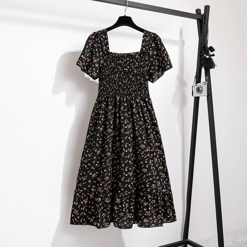 Floral Chiffon Smocked Midi Dress: Butterfly Sleeve Square Neck A-Line Gown