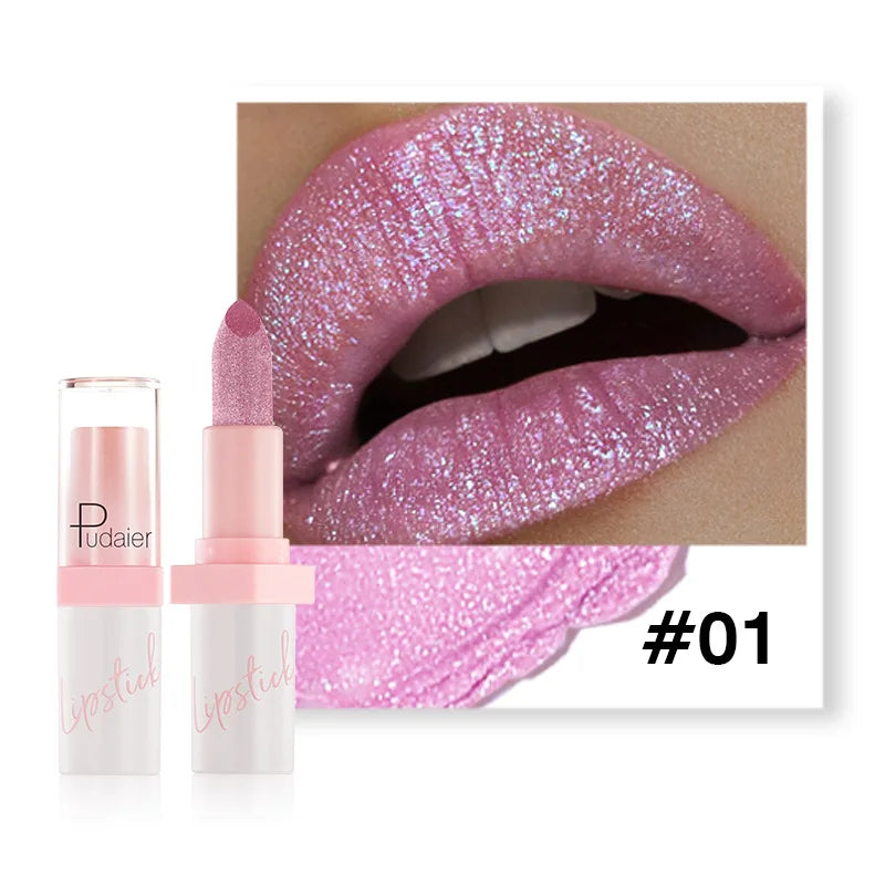 Pudaier Shimmery Diamond Lipstick: 10 Shades of Waterproof Glitter & Metallic Shine