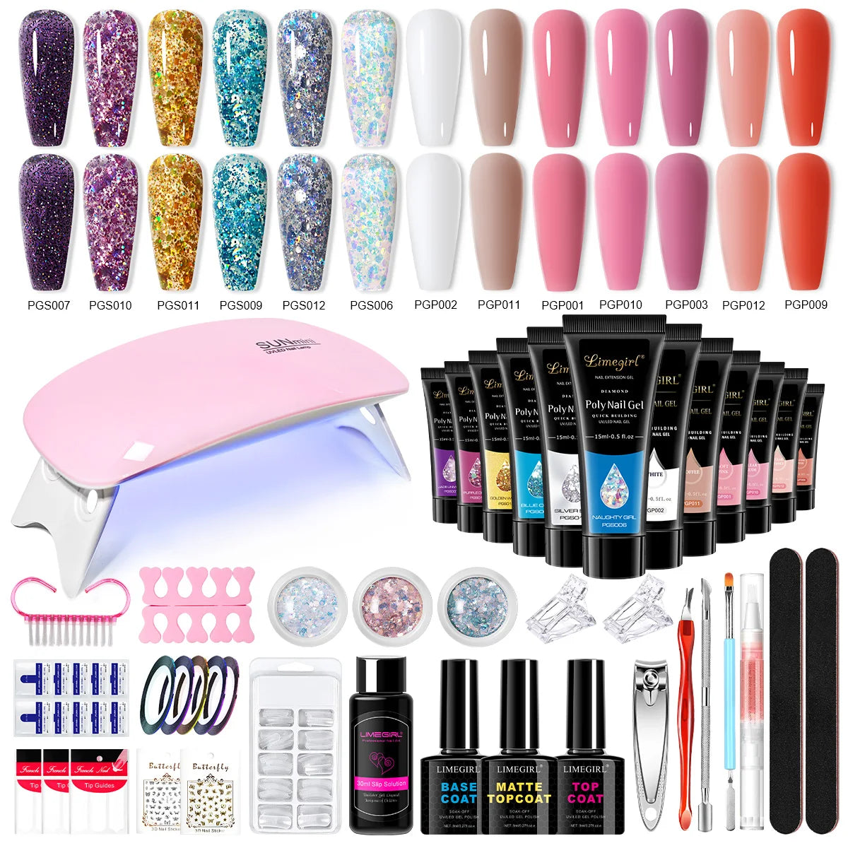 LIMEGIRL 15ML Nail Extension Gel Kit UV Gel Soaking Primer Pen Washing Water Glitter Manicure Mini LED Lamp Nail Gel Kit