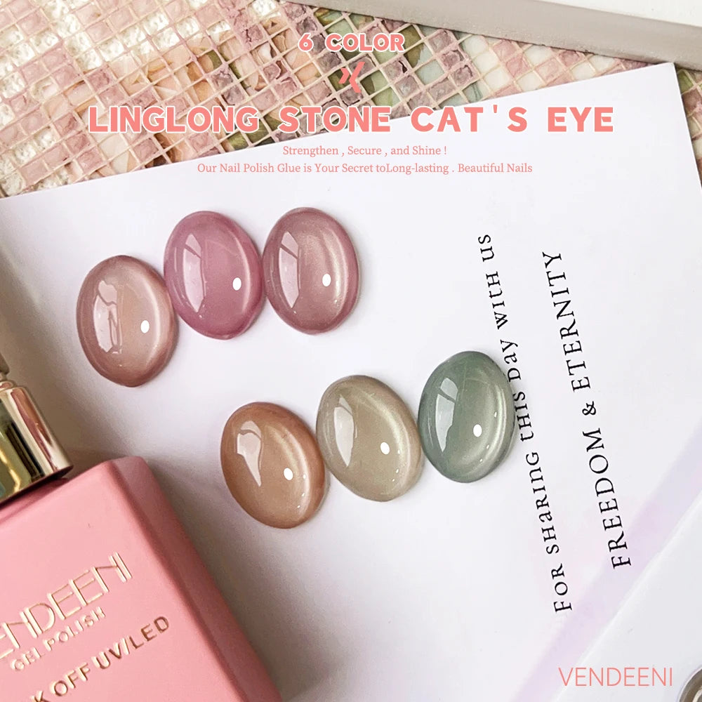 Vendeeni 6 Colors Crystal Cat Eye Gel Nail Polish Set Semi Permanent Sparkling Magnetic UV LED Soak Off Gel Varnish With Display