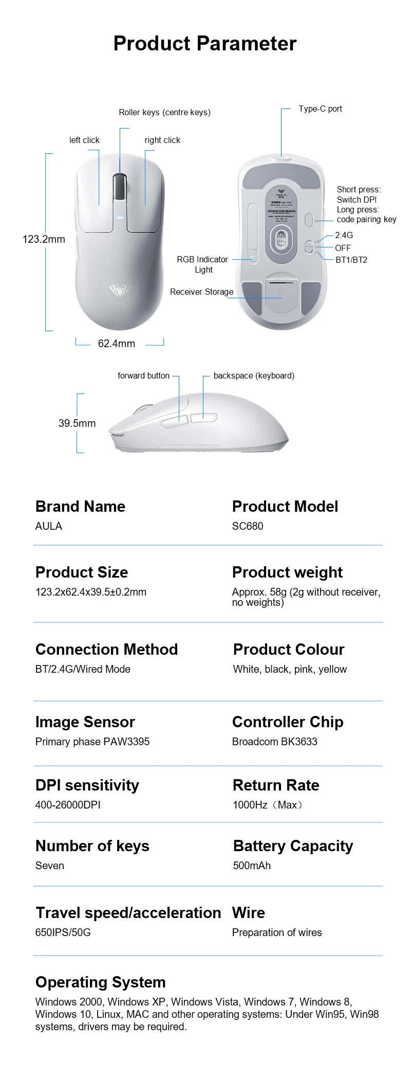 AULA SC680 Gaming Mouse Three Mode 2.4G Bluetooth Wireless Mouse 26000DPI Lightweight Mouse Paw3395 E-sports Gamer For PC