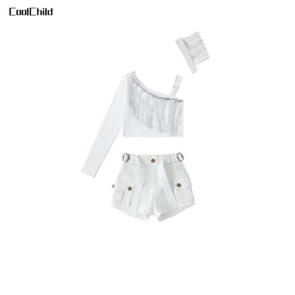 Hip Hop Girls K-pop Elegant Crop Top Shorts Street Dance Cargo Pants Kids Streetwear Child Jazz Costumes Girl Group Clothes Sets