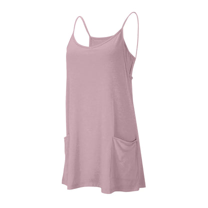 Women's Tennis Dress Solid Color Pocket Sexy Suspender Fake Two-piece Loose Breathable Comfortable Sports Dress