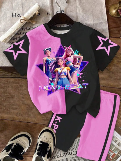 Girls' Nova Beat K-Pop Split-Design Set: Star Graphic Tee & Biker Shorts 2-Piece Outfit