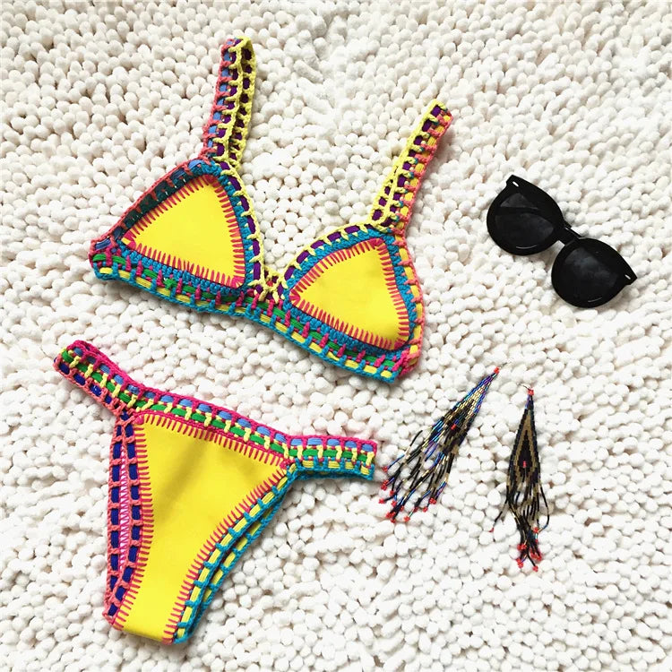 Bikini Crochet 2025 Handmade Knit Patchwork Reversible 2 Piece Swimsuit Women Halter Top Brazilian Bathing Suit Thong Swimwear