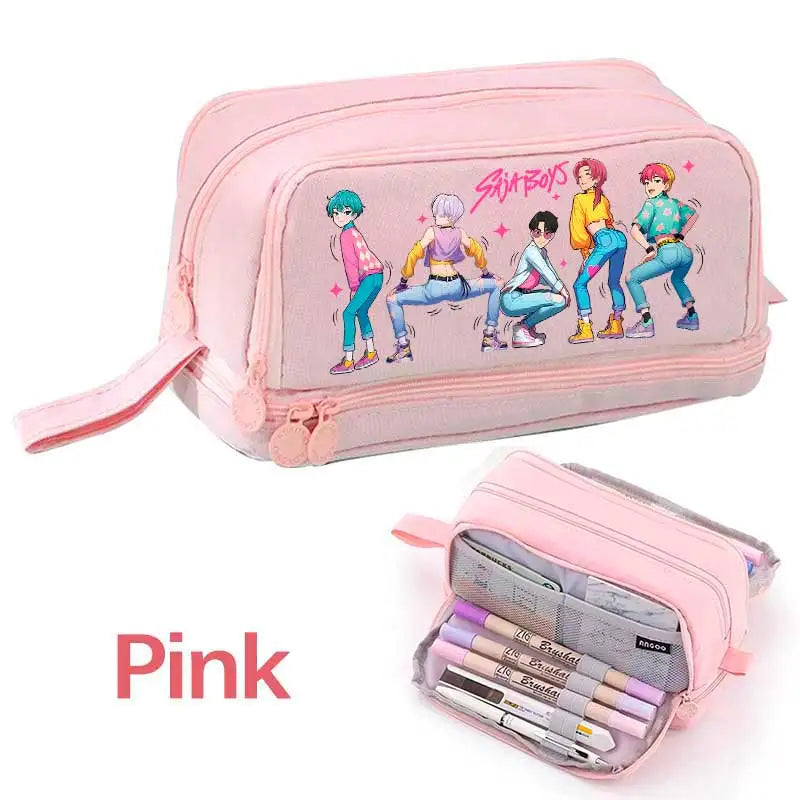 KPOP Pencil Case Student Storage Bag Stationery Large Space Storage 4 Compartment Pouch Double Side Opened