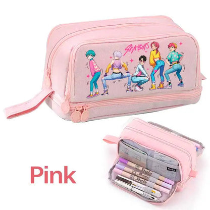 KPOP Pencil Case Student Storage Bag Stationery Large Space Storage 4 Compartment Pouch Double Side Opened