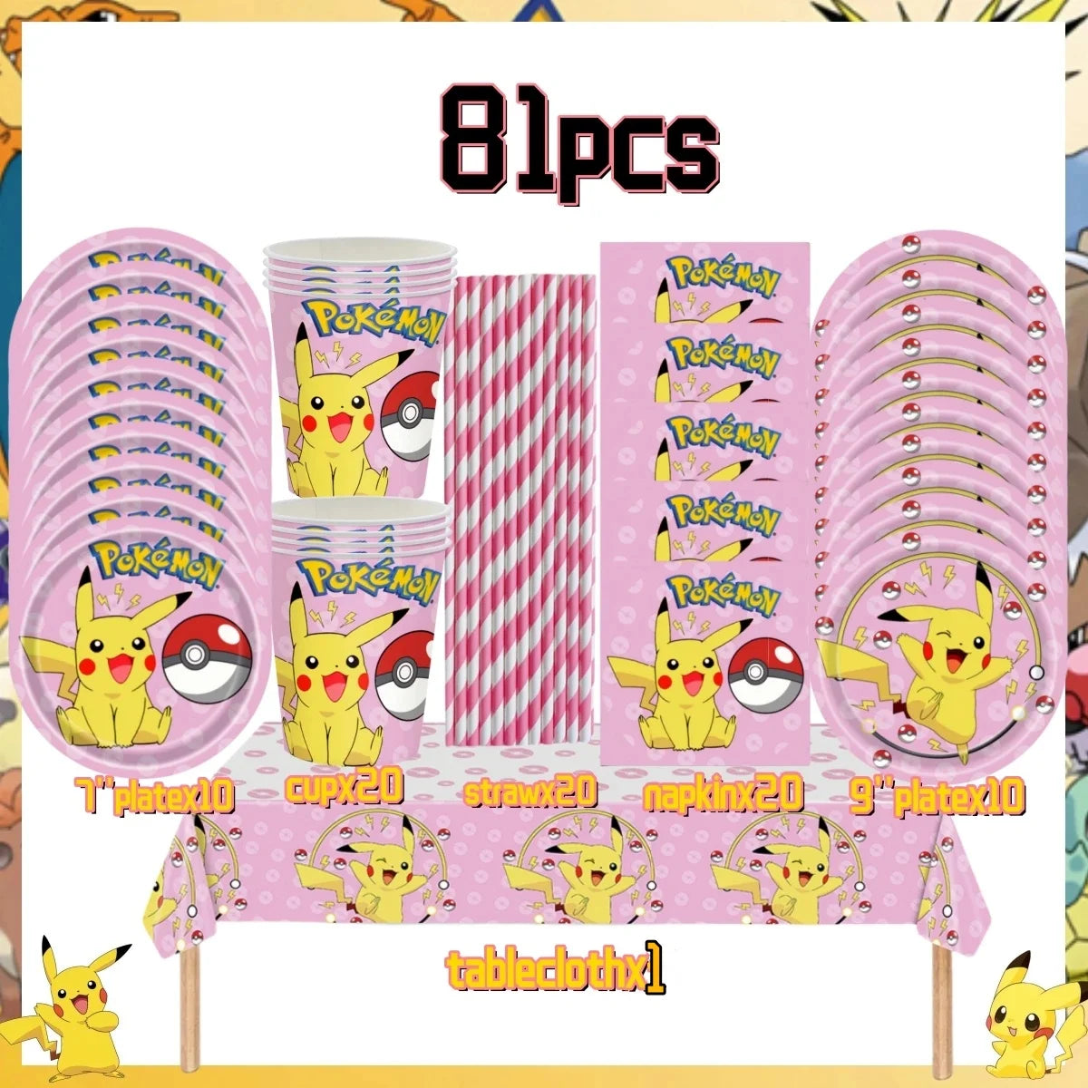 Pink Pokemon Birthday Party Decoration Disposable Tableware Set Pikachu Tablecloth Cup Plate Baby Shower Kids Diy Party Supplies
