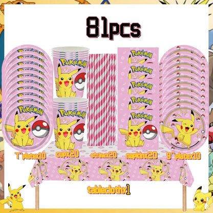 Pink Pokemon Birthday Party Decoration Disposable Tableware Set Pikachu Tablecloth Cup Plate Baby Shower Kids Diy Party Supplies