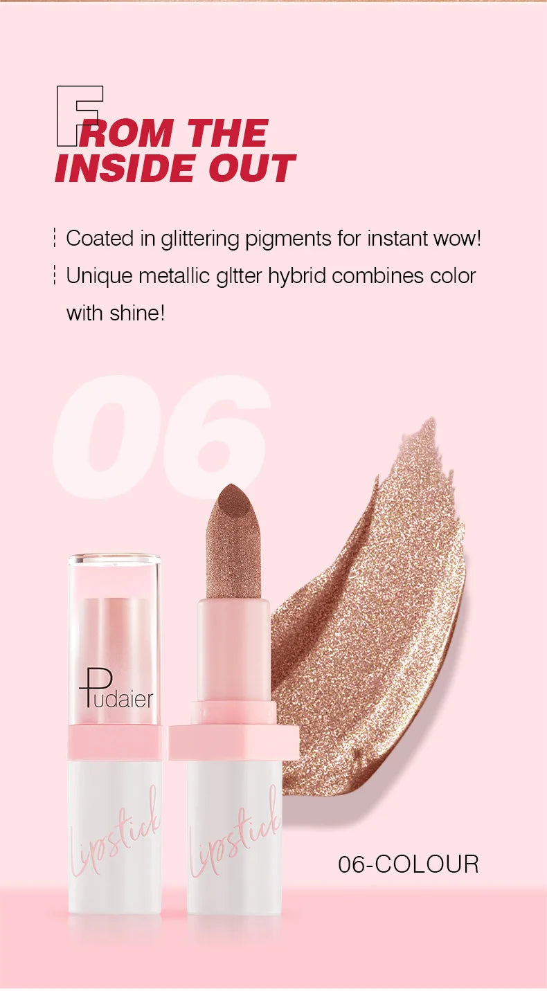 Pudaier Shimmery Diamond Lipstick: 10 Shades of Waterproof Glitter & Metallic Shine