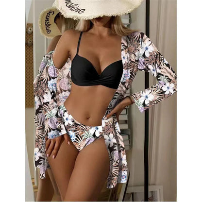 Three Pieces Bikini Set Cover Up Women 2023 New Push Up Twist Swimsuit Print Long Sleeve Swimwear Biquini Bathing Suit Summer