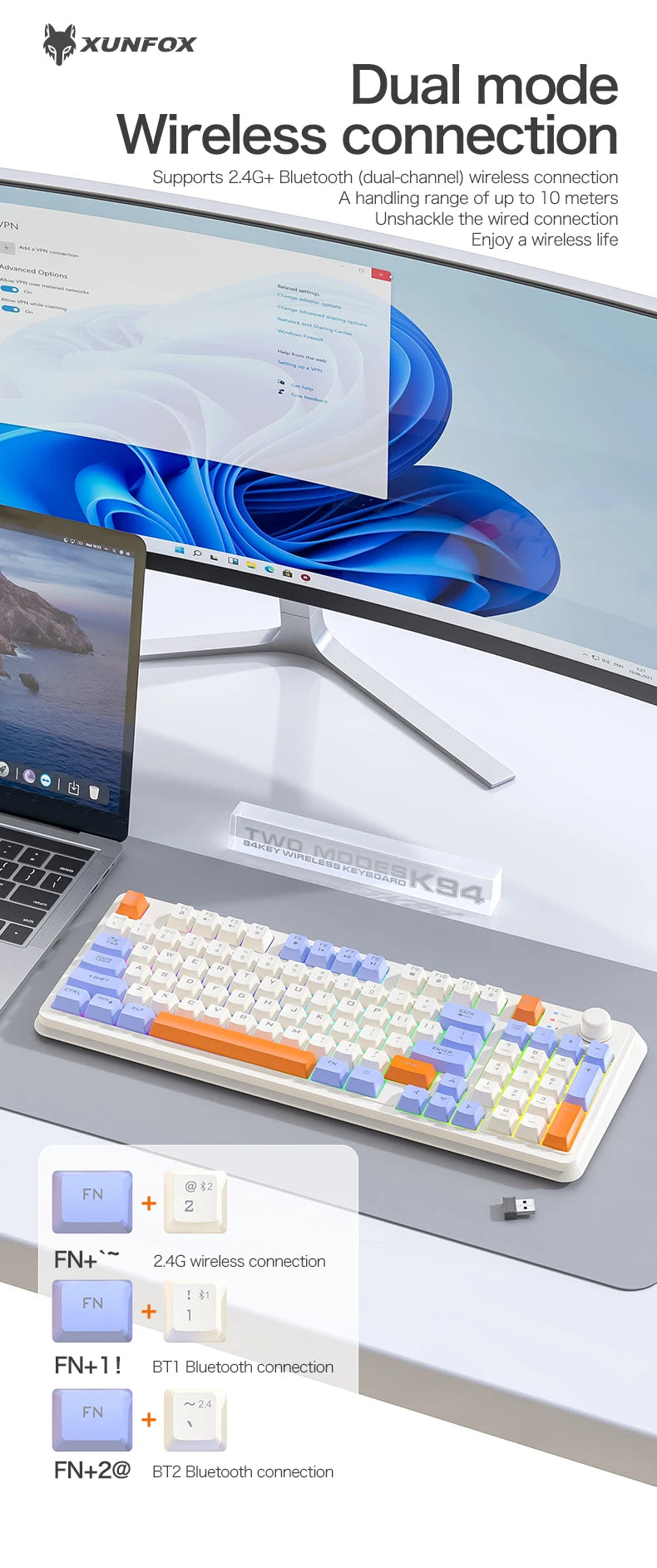 K94 Wireless Gaming Keyboard, BT 5.0/2.4GHz With Dual Mode 2-in-1 Receiver, 95 Keys TKL Rainbow LED Backlit Quiet Keyboard For