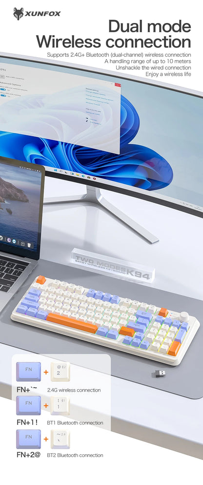 K94 Wireless Gaming Keyboard, BT 5.0/2.4GHz With Dual Mode 2-in-1 Receiver, 95 Keys TKL Rainbow LED Backlit Quiet Keyboard For