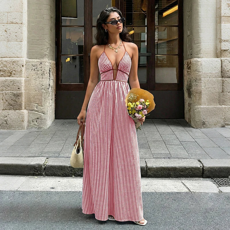 2026 Summer New Style Deep V-neck Striped Beach Dress, Sexy Backless Sleeveless Neckline Long Dress