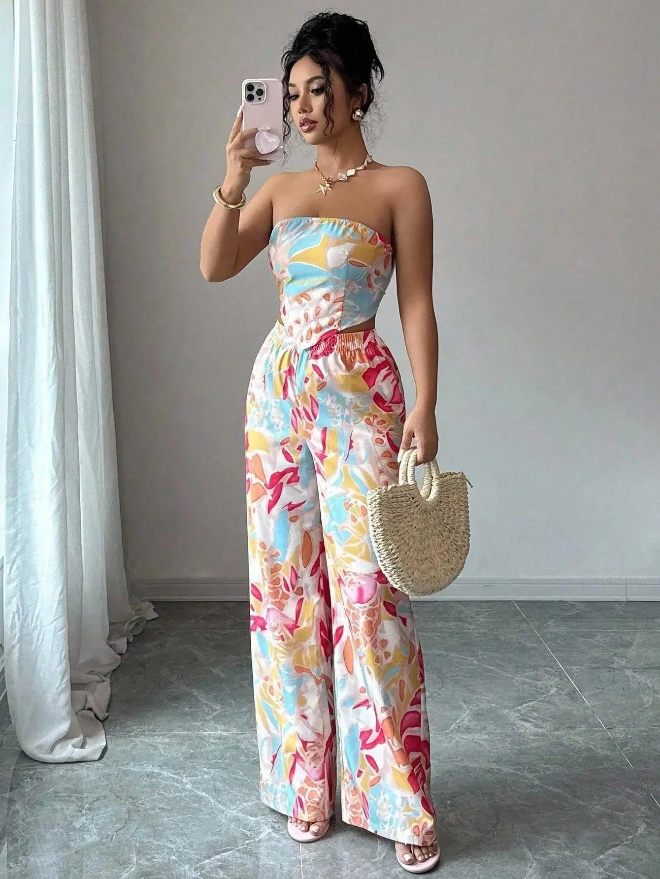 2pcs Set Halter Tie Bow Crop Top And Wide Leg Printed Pants For Women