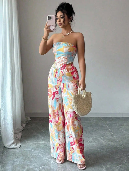 2pcs Set Halter Tie Bow Crop Top And Wide Leg Printed Pants For Women