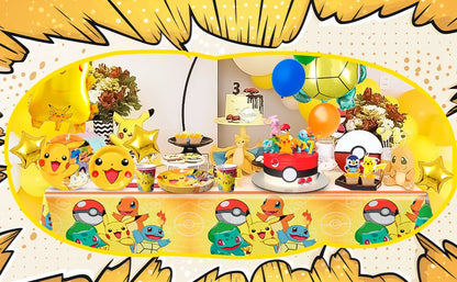 Pokemon Party Tableware,114 Pcs Pokemon Birthday Party Decorations- Pikachu Tablecloth Banner Plates etc Pokemon Party Supplies