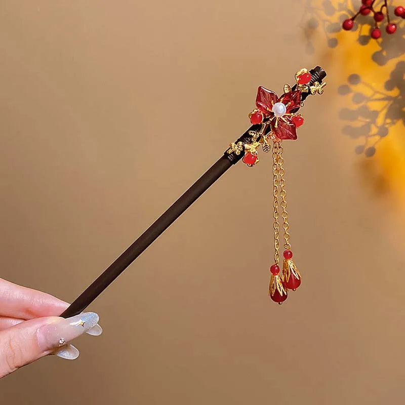 Retro Red Flower Hair Stick.