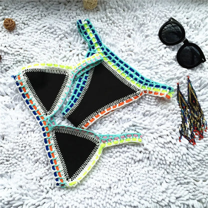Bikini Crochet 2025 Handmade Knit Patchwork Reversible 2 Piece Swimsuit Women Halter Top Brazilian Bathing Suit Thong Swimwear