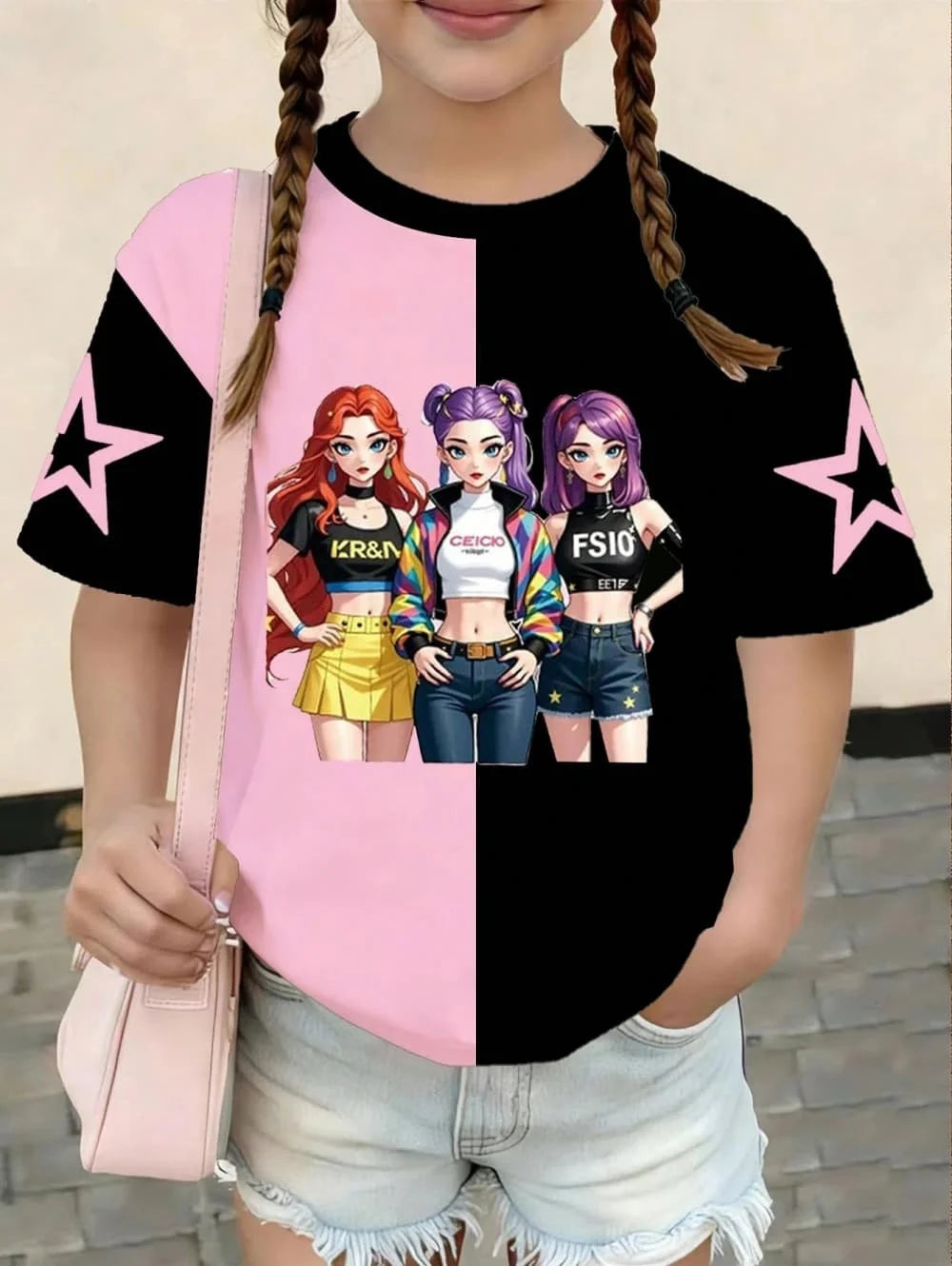 Kpop Cartoon Graphic Girls T-Shirt Casual Round-Neck T-Shirt Suitable for Girls Kids Gift Short Sleeve Tops Children's Clothing