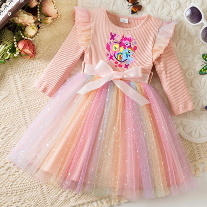 My Little Ponys Colorful Princess Dress for Kids Girls Casual Long Sleeve Sequin Mesh Dresses Party Gift 1-5Y