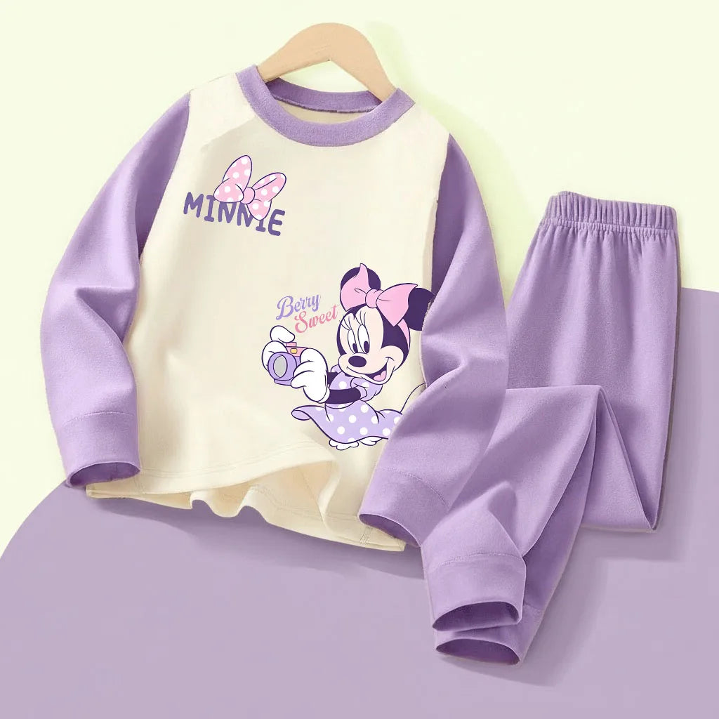 DISNEY MINNIE Printed Girls Casual Spliced Sleepwears Sets Autumn Winter Kids Comfy Soft Home Clothing Set Child Pijamas 0-10Y