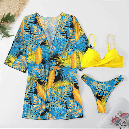 Three Pieces Bikini Set Cover Up Women 2023 New Push Up Twist Swimsuit Print Long Sleeve Swimwear Biquini Bathing Suit Summer