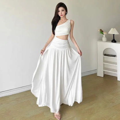Original Quality French Style White Sleeveless Asymmetrical Shoulder Summer Long Dress Women's Holiday Feelings Skirt