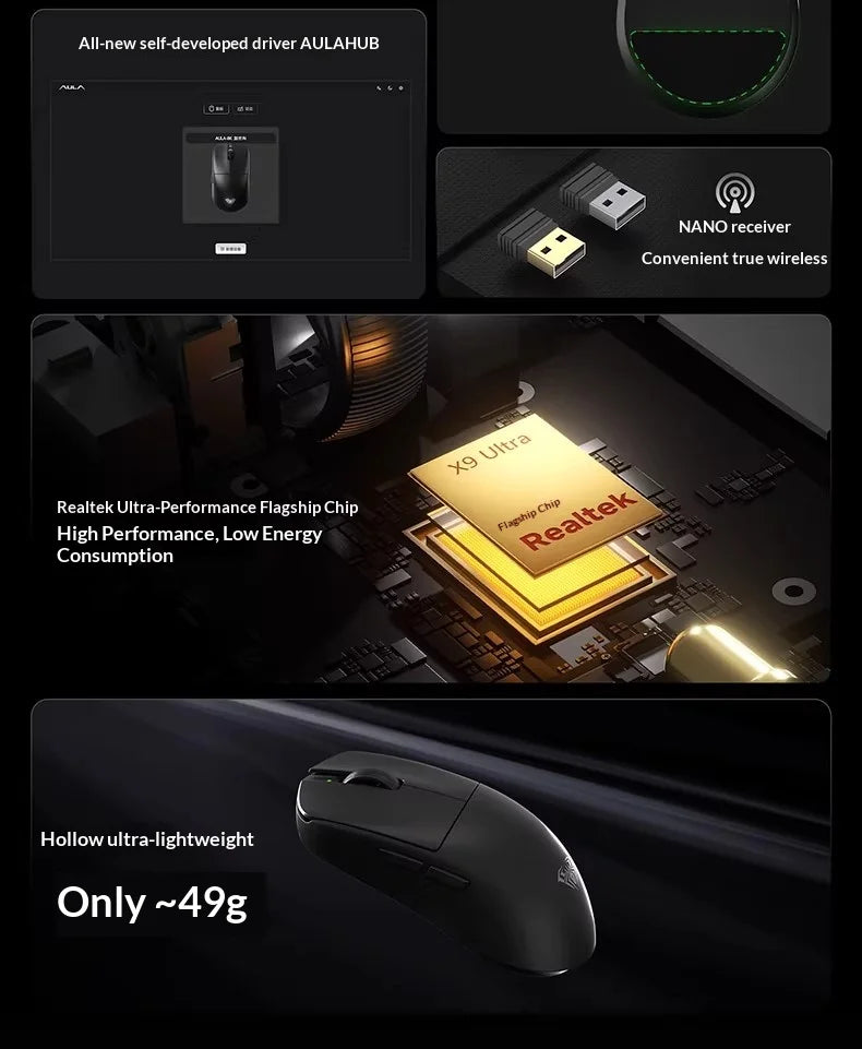 AULA X9 Max Ultra Gaming Mouse Wireless Tri Mode Dual 8KHz 500mAh PAW3950 Lightweight Ergonomic Esports Mouse Gaming Accessories