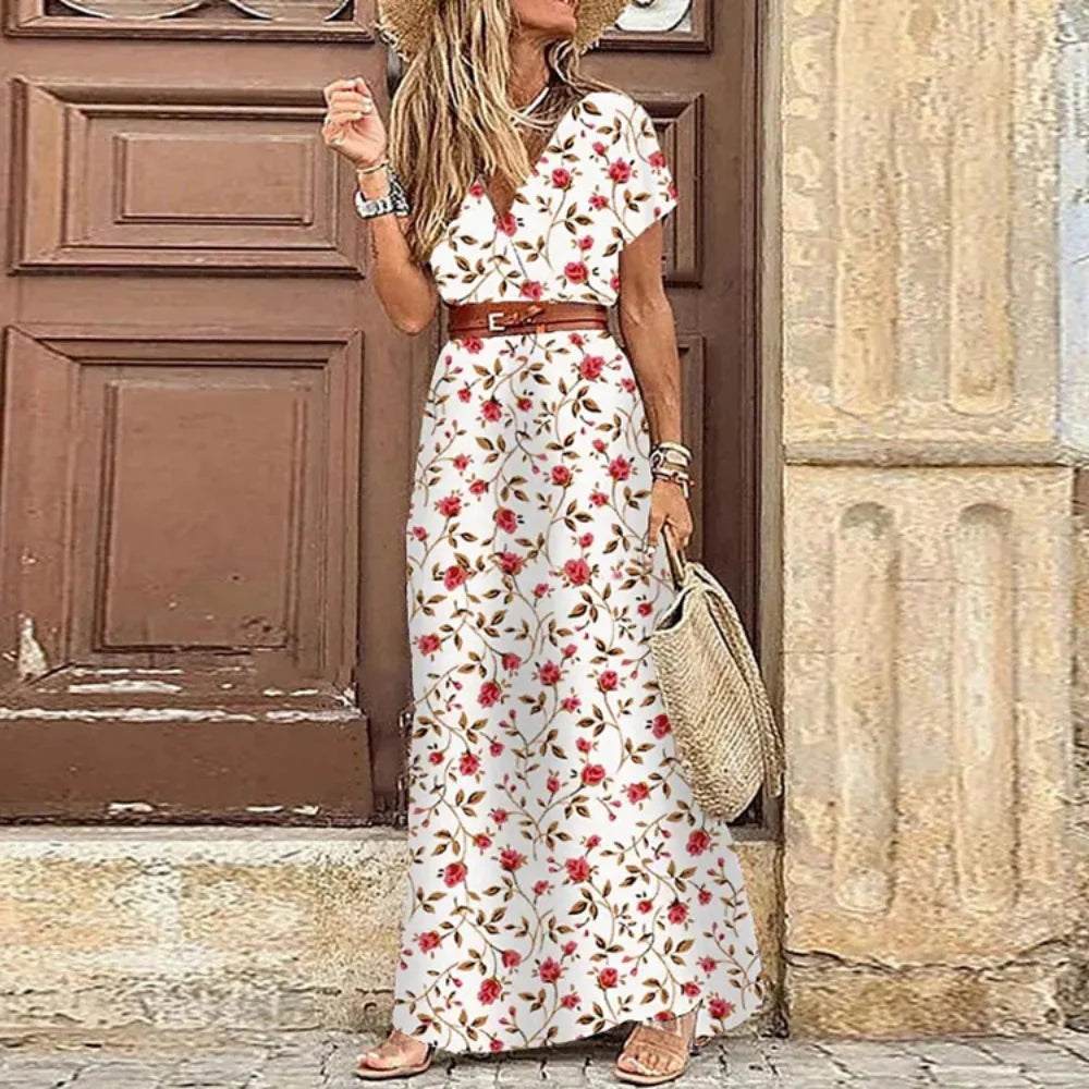 Summer Trend V-Neck Women Retro Vintage Print Slim With Belt Sexy Casual Elegant Holiday Dress High Slit Irregular Midi Dress
