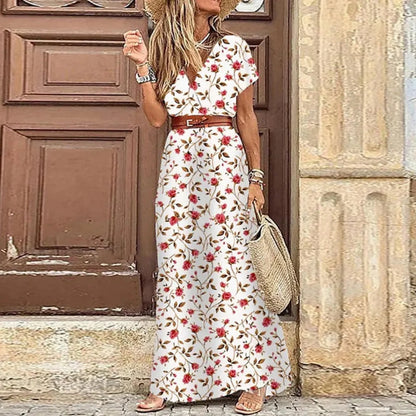 Summer Trend V-Neck Women Retro Vintage Print Slim With Belt Sexy Casual Elegant Holiday Dress High Slit Irregular Midi Dress