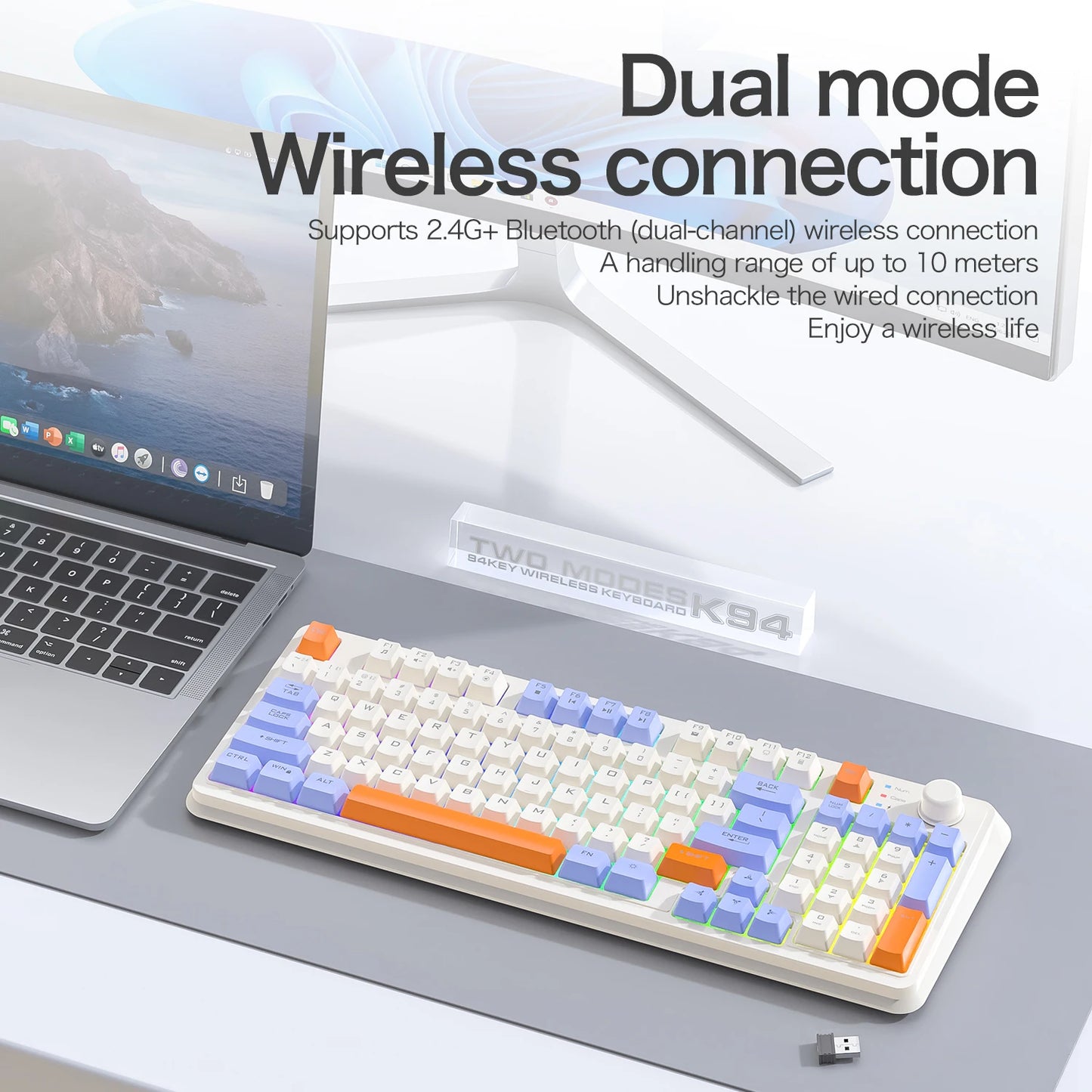 K94 Wireless Gaming Keyboard, BT 5.0/2.4GHz With Dual Mode 2-in-1 Receiver, 95 Keys TKL Rainbow LED Backlit Quiet Keyboard For