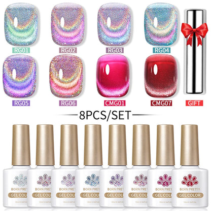BORN PRETTY 8Pcs Glitter Cat Magnetic Nail Gel Polish Set Moonlight Transparent Summer Semi Permanent UV Gel Soak Off Nail Gel