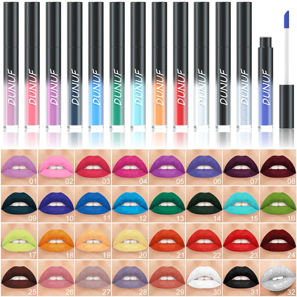 DUNUF 32 Color Matte Liquid Lipstick: Bold Pigment Non-Stick Lip Glaze