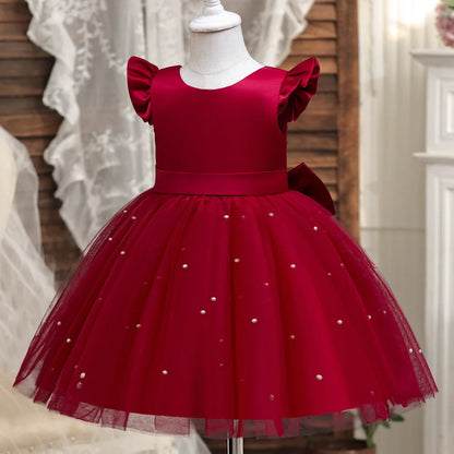Girls' K-Pop "Pearl Essence" Gala Gown: Pink Tulle Tutu Dress with XL Back Bow & Beading