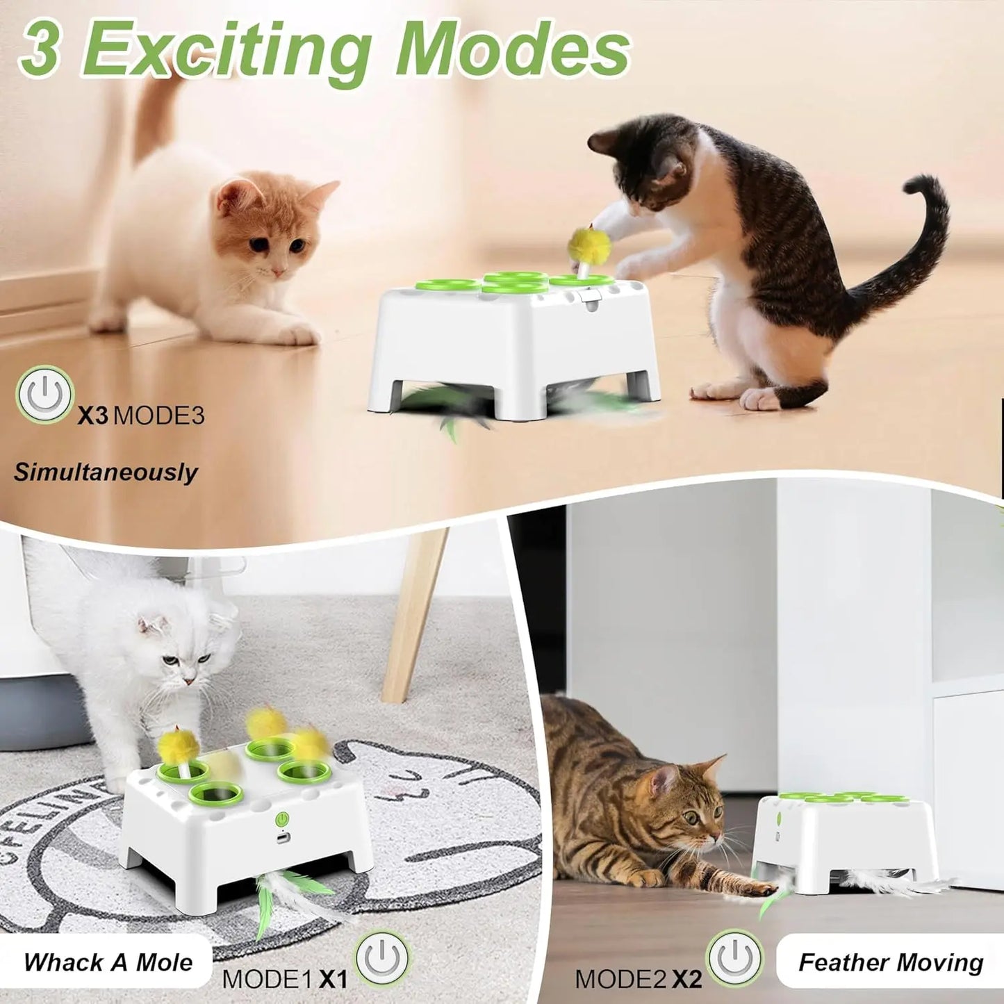 Whack A Mole Automatic Pop-Up Rechargeable Feather Toy for Cats Dogs Interactive Playing Kitten Training Pet Supplies