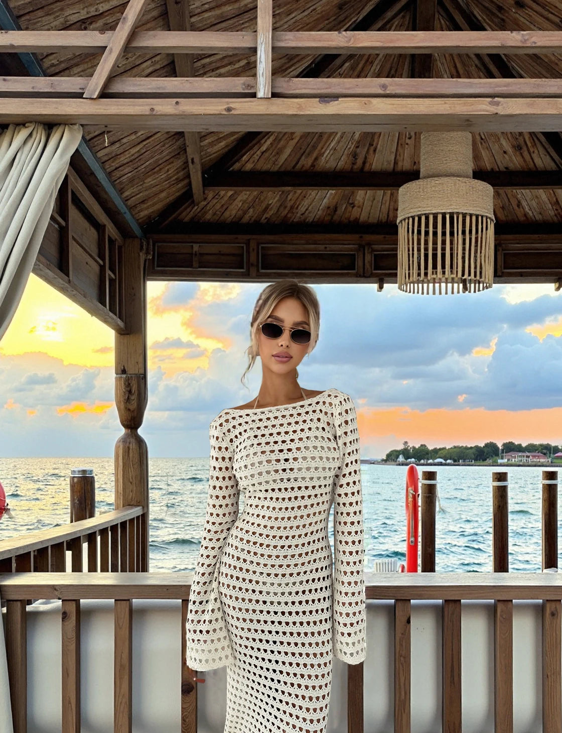 Sexy Knit Mesh Backless Long Bell Sleeve Beach Maxi Dress 2026 Women's Summer Slim Outfits Vacation Swimsuit Cover Up Tunic K205