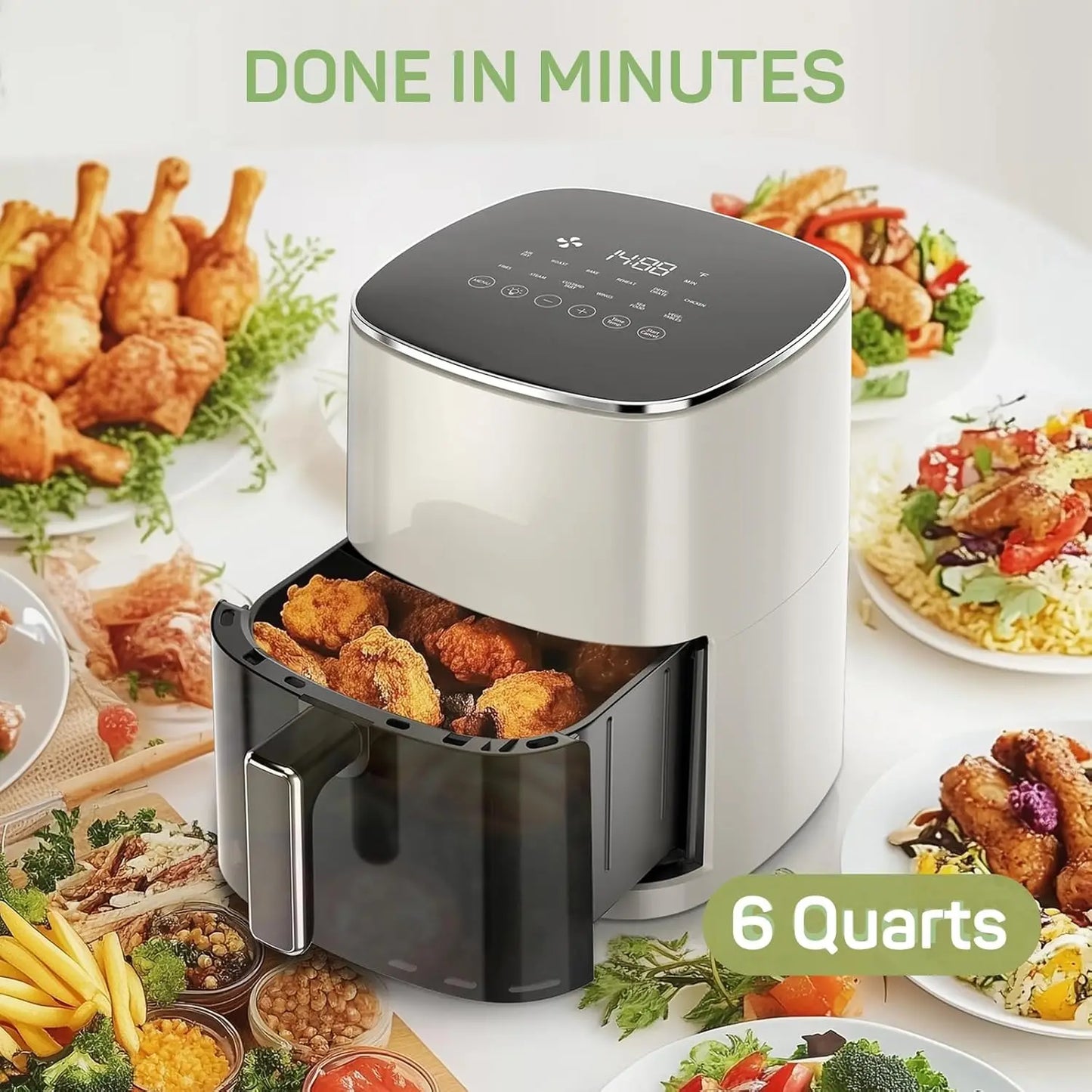 Air Fryer, 6-Quart with Viewing Window, 12-in-1 Functions, Beige