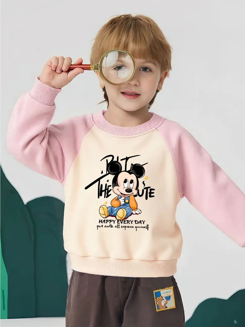 Mickey Printed Spring Autumn New Children Sweatshirts Kids Fashion O Neck Hoodies Baby Boys Spliced Long Sleeved Casual Pullover