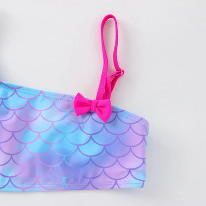 Girls' "Nature Love" Bikini Set: Mermaid Scale Pattern with Chibi Fox & Asymmetric Ruffles