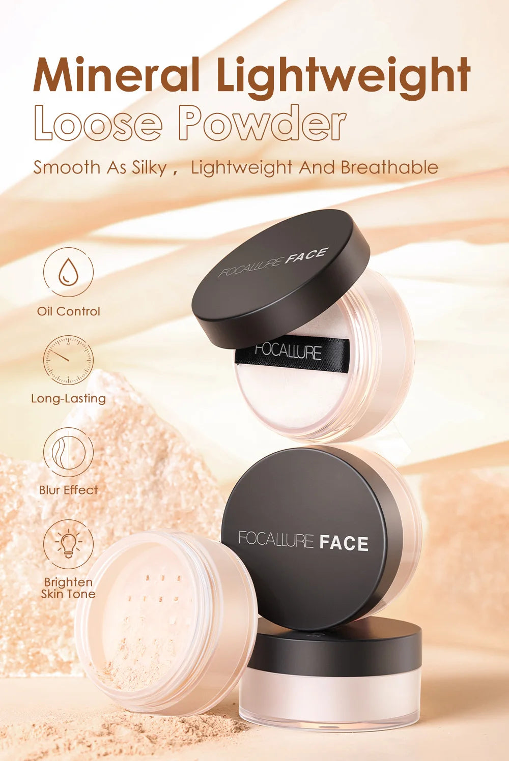 Focallure Face Loose Powder 3 Colors Ultra-Light Perfect Finishing Makeup Powder Waterproof Translucent Setting Powder Cosmetic