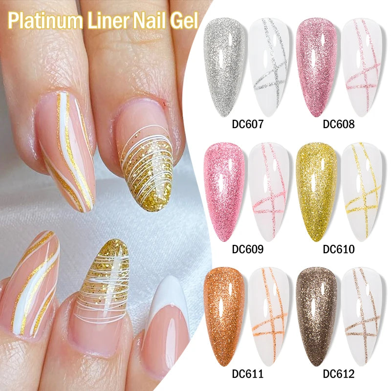 2/3/4/6pcs Platinum Glitter Liner Gel Nail Polish Set Gold Silver Sparkle Pull Line Gel Graffiti Painting Stripe DIY French Nail