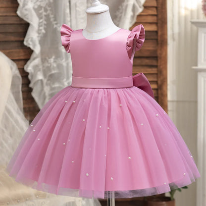 Girls' K-Pop "Pearl Essence" Gala Gown: Pink Tulle Tutu Dress with XL Back Bow & Beading